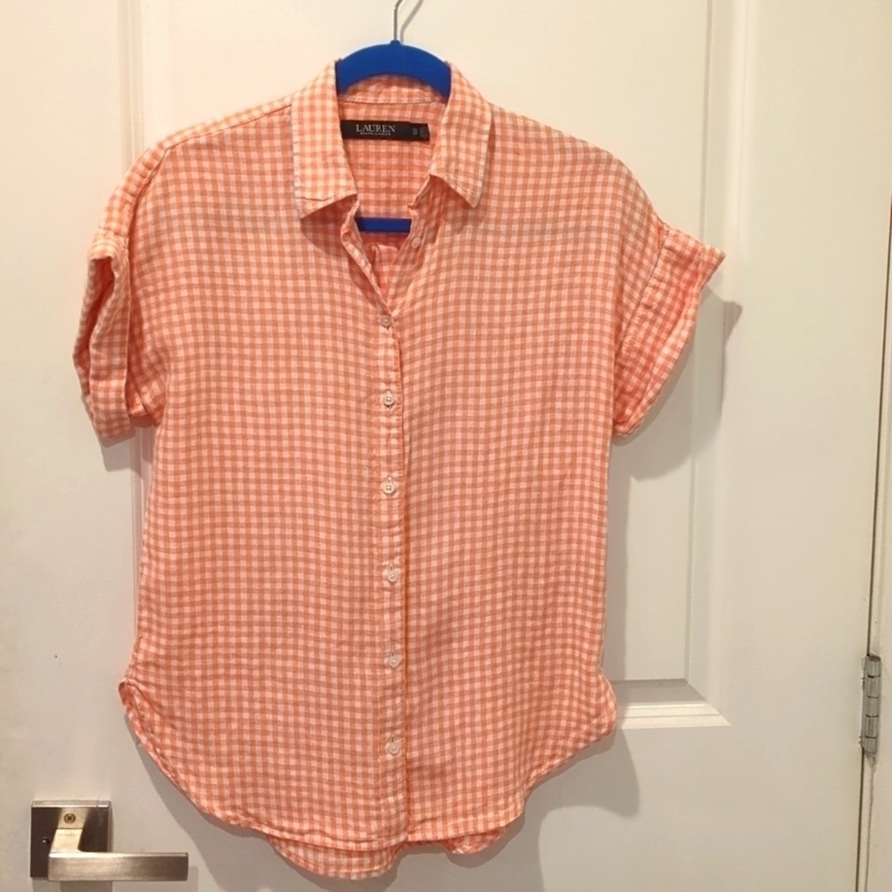 Ralph Lauren women's short sleeves  gingham shirt in Linen